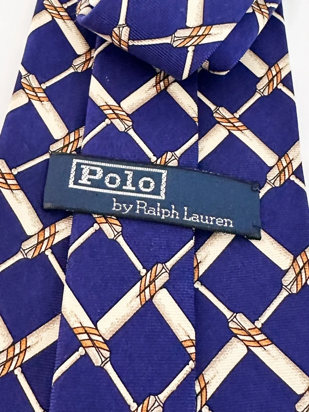 Polo Ralph Lauren Silk Tie Blue Bamboo Rope Lattice Geometric Pattern USA Made